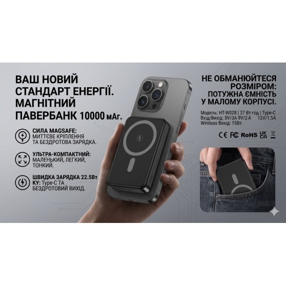 Магнитный павербанк 10000 мА·ч 22,5 Вт с беспроводной зарядкой совместим с MagSafe W028