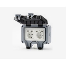 Розетка вологозахищена IP66 зовнішня подвійна SKY (MP2-G-USB) 16А/250V