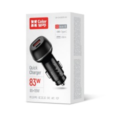 Автомобильное зарядное устройство ColorWay 2USB (Type-C PD65W + USB QC3.0 18W) 83W Black (CW-CHA068PD-BK)