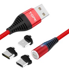 Магнітний кабель TOPK (AM68) 3в1 (SR 3A-30) для заряджання та передачі даних (100 см) Red