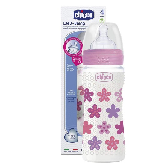 Пляшечка Chicco - Well-Being (20635.10) 330 мл / 4 міс.+, пластик, соска силікон (швидкий потік), рожевий