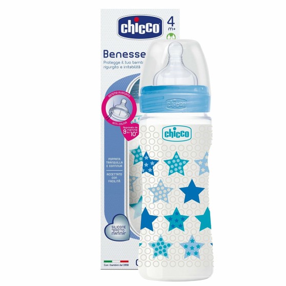 Пляшечка Chicco - Well-Being (20635.20) 330 мл/4 міс.+, пластик, соска силікон (швидкий потік), блакитний