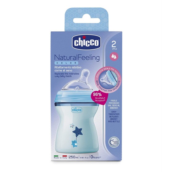 Бутылочка Chicco - Natural Feeling (80825.21) 250 мл / 2 мес.+, пластик, соска силикон (средний поток), голубой
