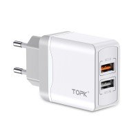 Сетевое зарядное устройство TOPK (B244Q)  2USB QC 3.0 18W White