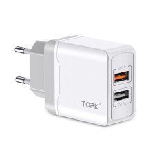 Сетевое зарядное устройство TOPK (B244Q)  2USB QC 3.0 18W White
