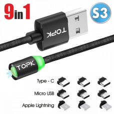 Магнітний кабель TOPK (S3-line) 9в1 з передачею даних (100 см) Black