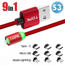 Магнітний кабель TOPK (S3-line) 9в1 з передачею даних (100 см) Red