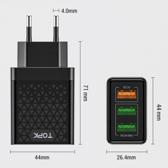 Зарядное устройство TOPK (BC B354Q) QC 3.0/3USB (30W) Black