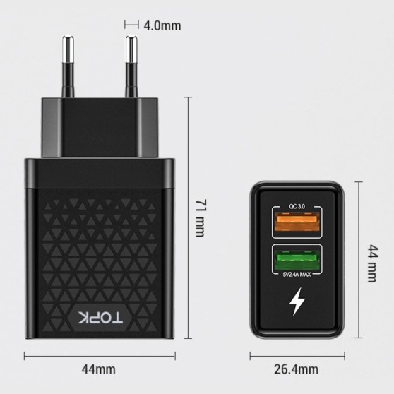 Зарядное устройство TOPK (BC B254Q) QC 3.0/2USB (28W) Black